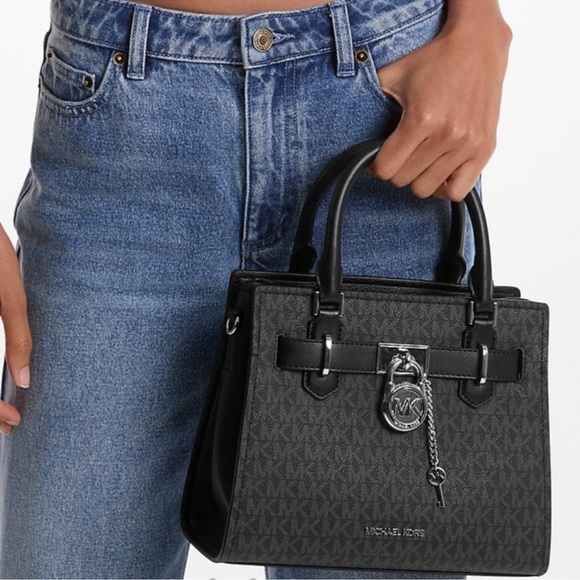 Michael Kors Hamilton Small Signature Logo Satchel Black Signature - Picture 3 of 9